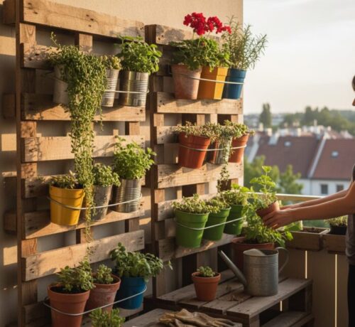 cantinho verde usando pallets e materiais recicláveis
