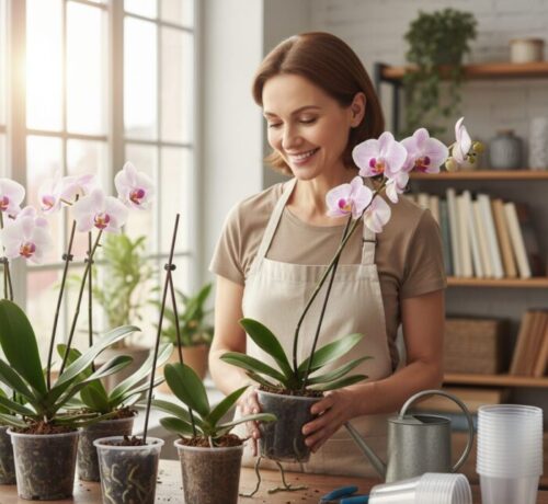 orquídeas em vasos de plástico