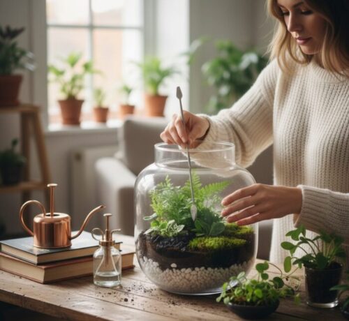 terrário fechado com plantas dentro de casa