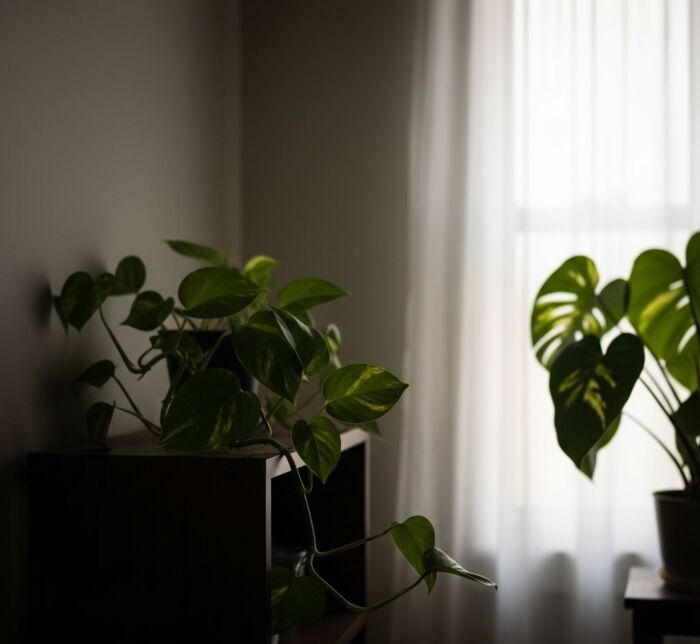 jibóia (Epipremnum pinnatum) está crescendo menos por falta de luz